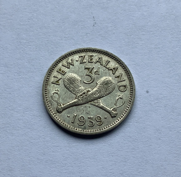 1939 New Zealand threepence coin .500 silver